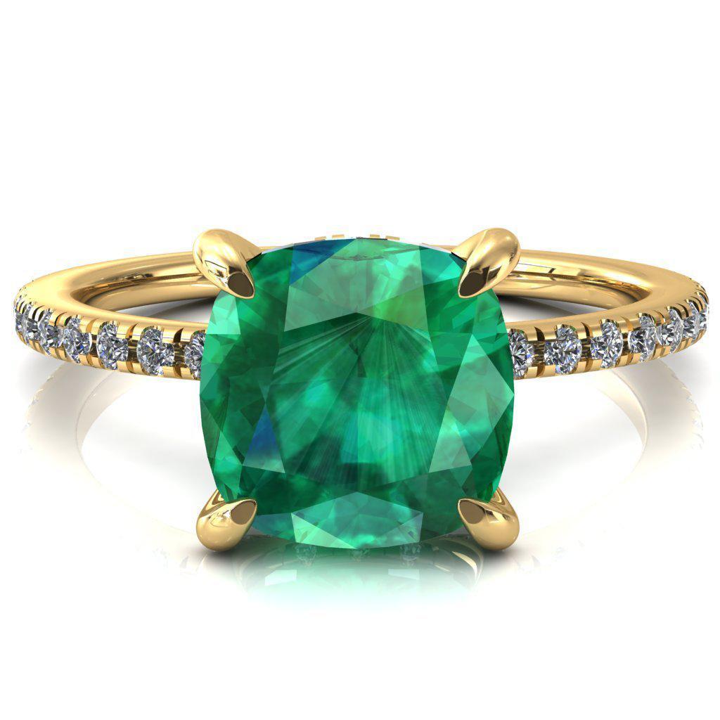 Ezili Cushion Emerald 4 Claw Prong Micro Pave Diamond Sides Engagement Ring-Custom-Made Jewelry-Fire & Brilliance ®