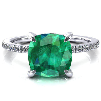 Ezili Cushion Emerald 4 Claw Prong Micro Pave Diamond Sides Engagement Ring-Custom-Made Jewelry-Fire & Brilliance ®