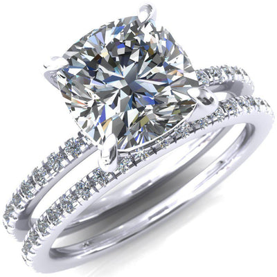 Ezili Cushion Moissanite 4 Claw Prong Micro Pave Diamond Sides Engagement Ring-Custom-Made Jewelry-Fire & Brilliance ®