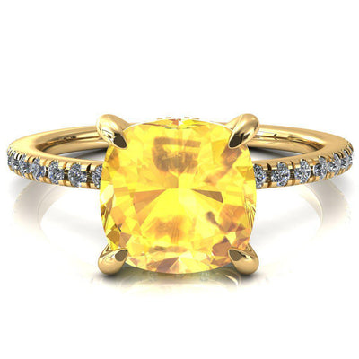 Ezili Cushion Yellow Sapphire 4 Claw Prong Micro Pave Diamond Sides Engagement Ring-Custom-Made Jewelry-Fire & Brilliance ®