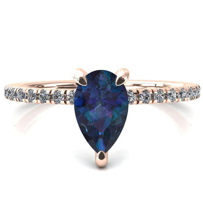 Ezili Pear Alexandrite 3 Claw Prong Micro Pave Diamond Sides Engagement Ring-FIRE & BRILLIANCE