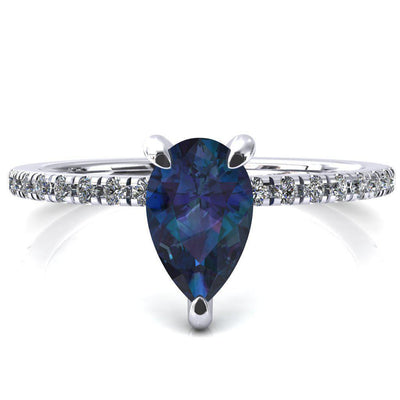 Ezili Pear Alexandrite 3 Claw Prong Micro Pave Diamond Sides Engagement Ring-FIRE & BRILLIANCE