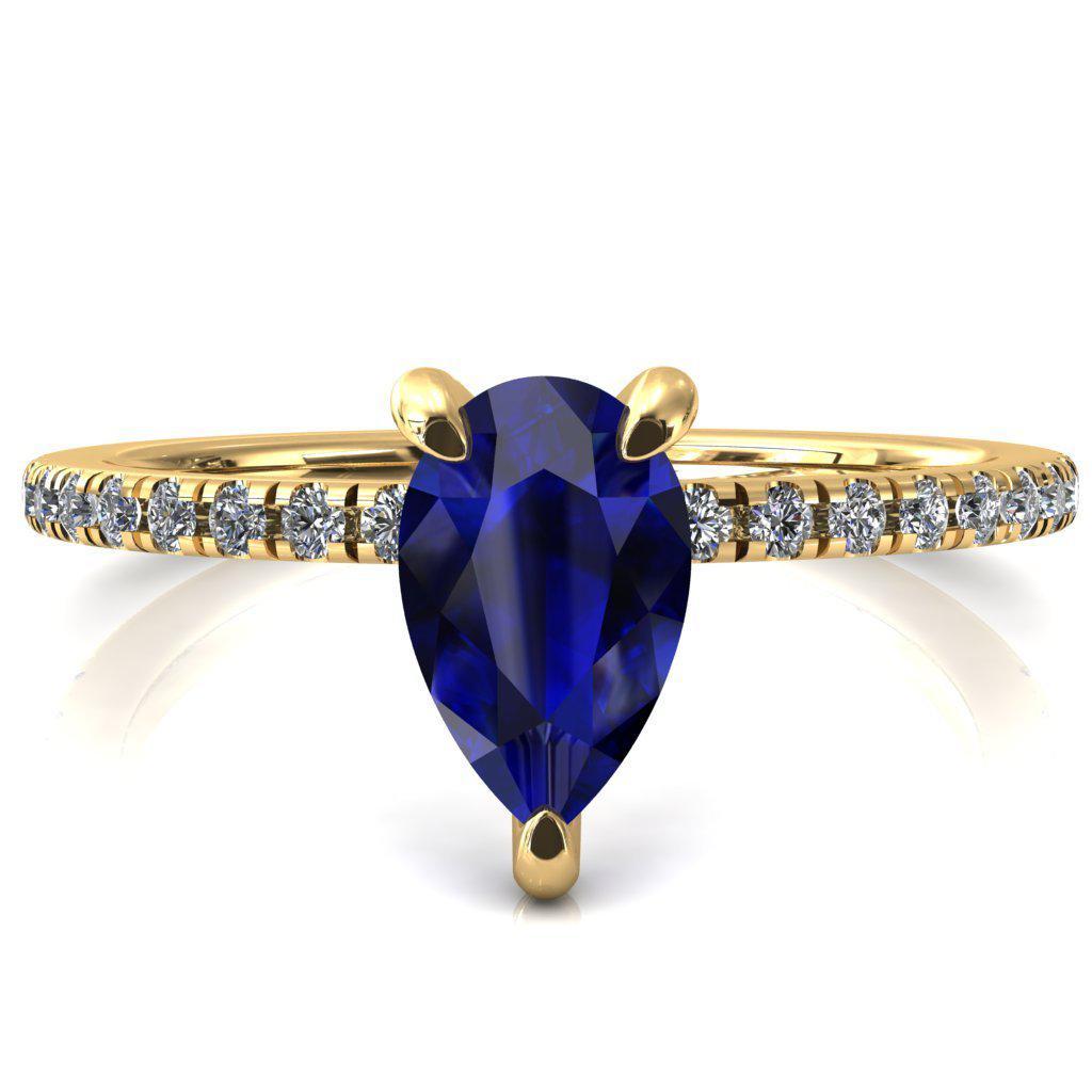 Ezili Pear Blue Sapphire 3 Claw Prong Micro Pave Diamond Sides Engagement Ring-FIRE & BRILLIANCE
