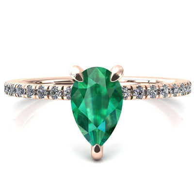 Ezili Pear Emerald 3 Claw Prong Micro Pave Diamond Sides Engagement Ring-FIRE & BRILLIANCE