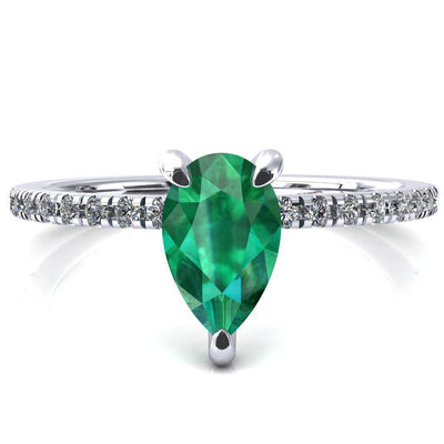 Ezili Pear Emerald 3 Claw Prong Micro Pave Diamond Sides Engagement Ring-FIRE & BRILLIANCE
