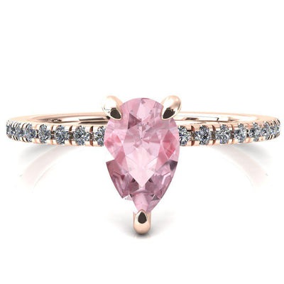 Ezili Pear Pink Sapphire 3 Claw Prong Micro Pave Diamond Sides Engagement Ring-FIRE & BRILLIANCE