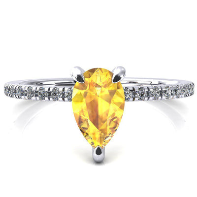 Ezili Pear Yellow Sapphire 3 Claw Prong Micro Pave Diamond Sides Engagement Ring-FIRE & BRILLIANCE