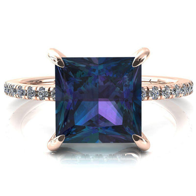 Ezili Princess Alexandrite 4 Claw Prong Micro Pave Diamond Sides Engagement Ring-FIRE & BRILLIANCE