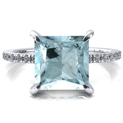 Ezili Princess Aqua Blue Spinel 4 Claw Prong Micro Pave Diamond Sides Engagement Ring-FIRE & BRILLIANCE