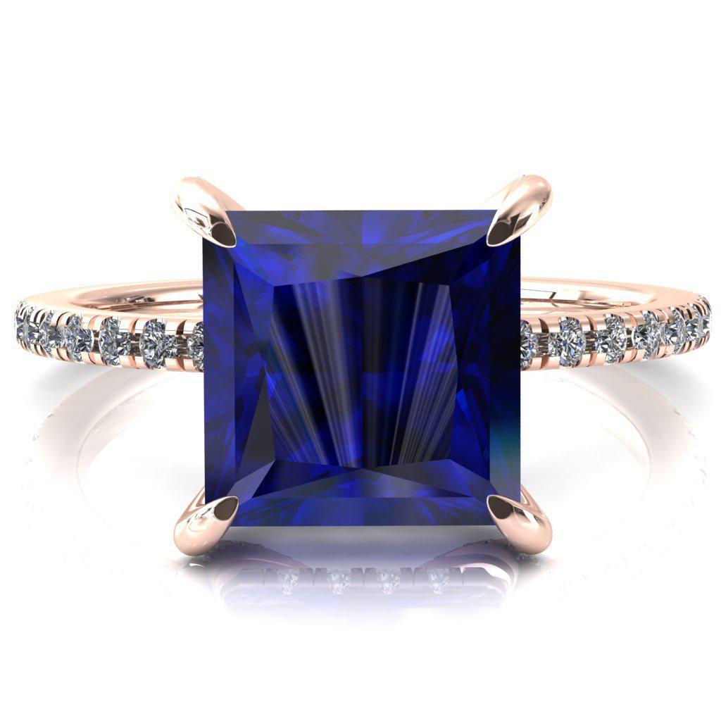 Ezili Princess Blue Sapphire 4 Claw Prong Micro Pave Diamond Sides Engagement Ring-FIRE & BRILLIANCE