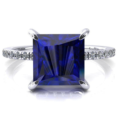 Ezili Princess Blue Sapphire 4 Claw Prong Micro Pave Diamond Sides Engagement Ring-FIRE & BRILLIANCE
