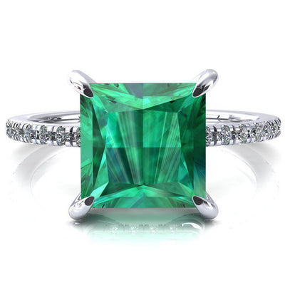 Ezili Princess Emerald 4 Claw Prong Micro Pave Diamond Sides Engagement Ring-FIRE & BRILLIANCE
