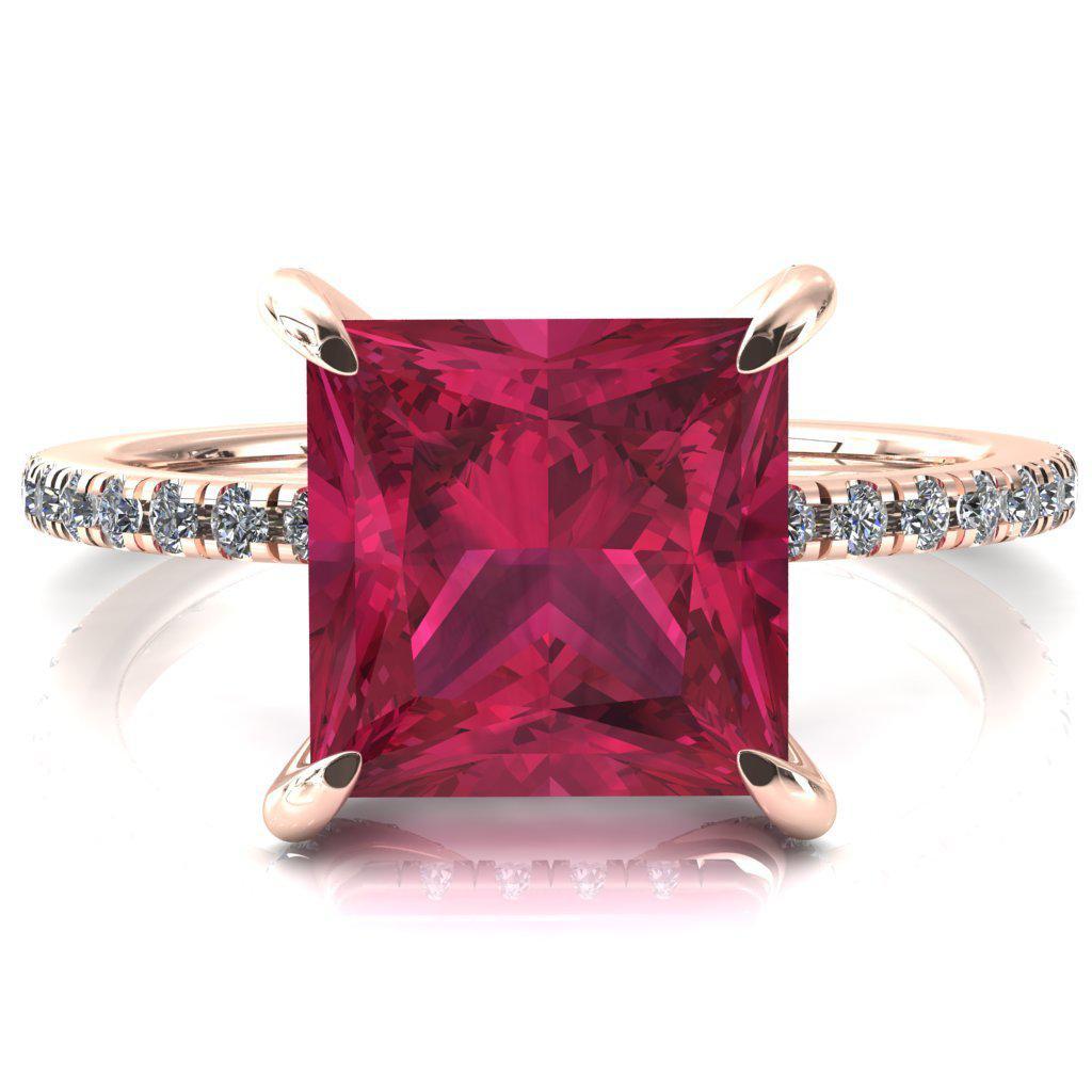 Ezili Princess Ruby 4 Claw Prong Micro Pave Diamond Sides Engagement Ring-FIRE & BRILLIANCE