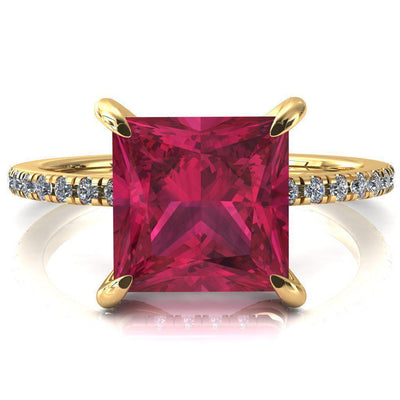 Ezili Princess Ruby 4 Claw Prong Micro Pave Diamond Sides Engagement Ring-FIRE & BRILLIANCE