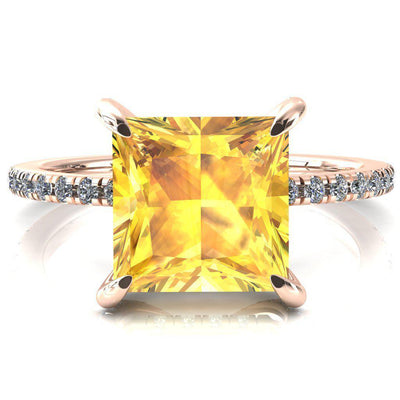 Ezili Princess Yellow Sapphire 4 Claw Prong Micro Pave Diamond Sides Engagement Ring-FIRE & BRILLIANCE