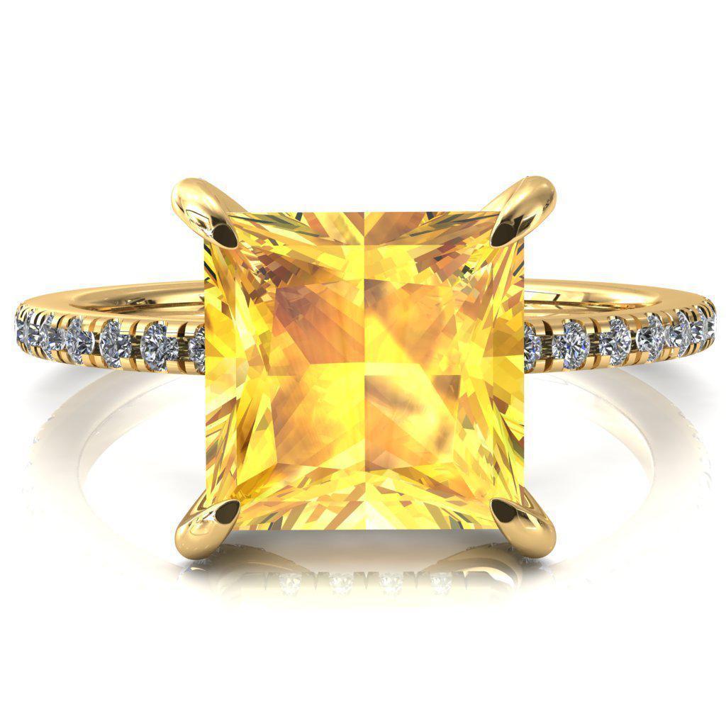 Ezili Princess Yellow Sapphire 4 Claw Prong Micro Pave Diamond Sides Engagement Ring-FIRE & BRILLIANCE