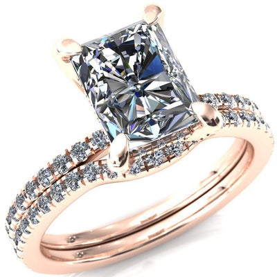 Ezili Radiant Moissanite 4 Claw Prong Micro Pave Diamond Sides Engagement Ring