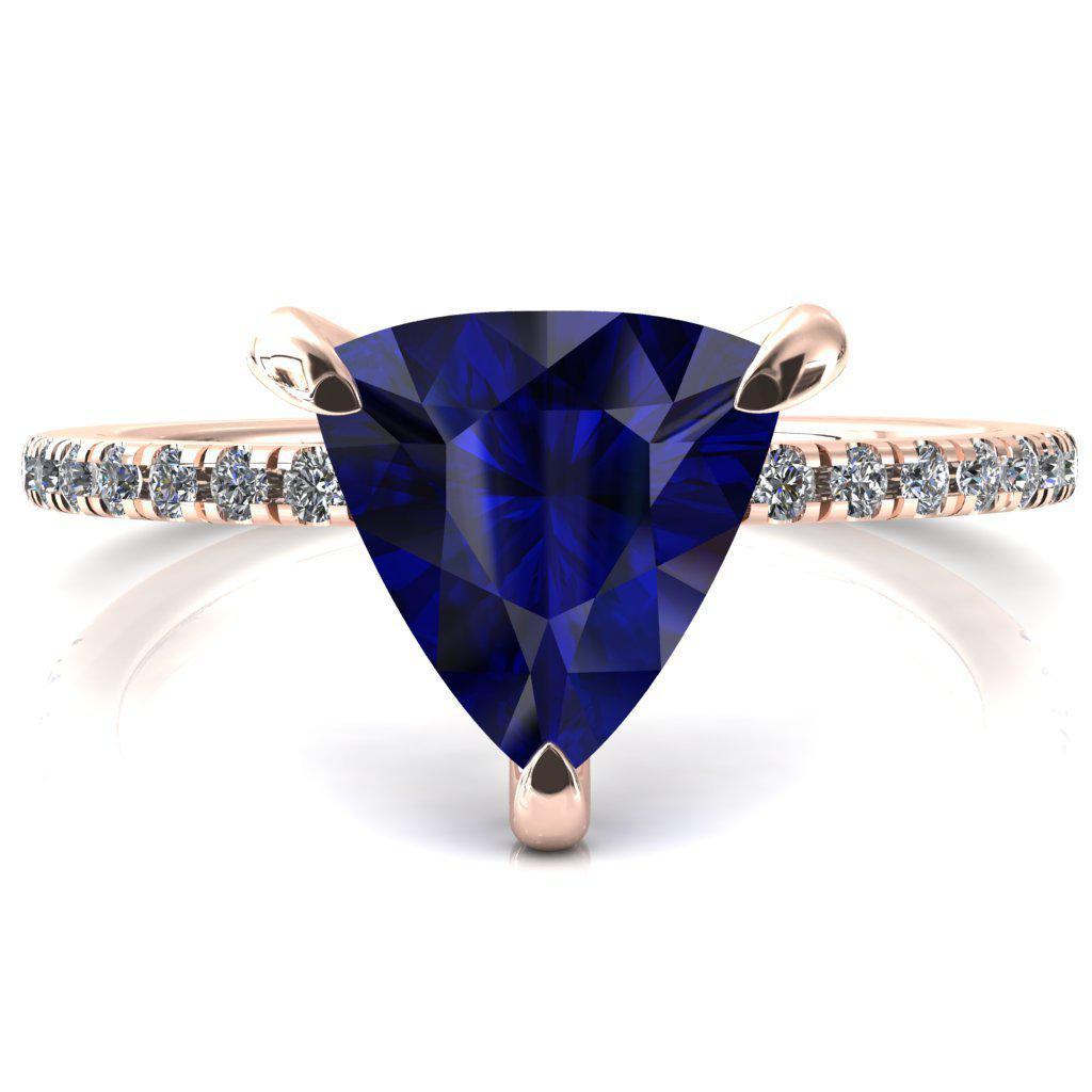 Ezili Trillion Blue Sapphire 3 Claw Prong Micro Pave Diamond Sides Engagement Ring-FIRE & BRILLIANCE