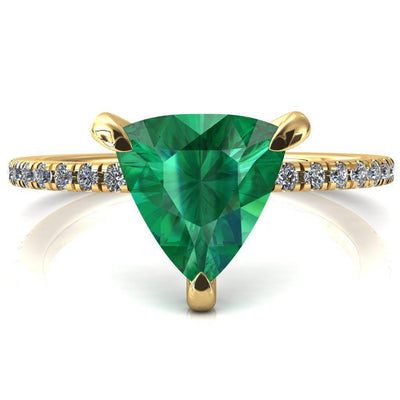 Ezili Trillion Emerald 3 Claw Prong Micro Pave Diamond Sides Engagement Ring-FIRE & BRILLIANCE