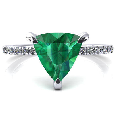 Ezili Trillion Emerald 3 Claw Prong Micro Pave Diamond Sides Engagement Ring-FIRE & BRILLIANCE