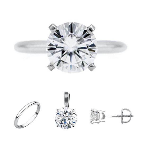 FAB Round Moissanite 4 Prong Ring Complete 14K White Gold Solitaire Wedding Set-F&B Wedding Set Collection-Fire & Brilliance ®