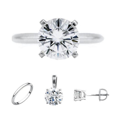 FAB Round Moissanite 4 Prong Ring Complete Platinum Solitaire Wedding Set-F&B Wedding Set Collection-Fire & Brilliance ®