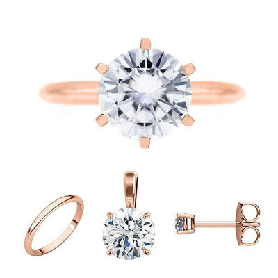 FAB Round Moissanite 6 Prong Ring Complete 14K Rose Gold Solitaire Wedding Set-F&B Wedding Set Collection-Fire & Brilliance ®
