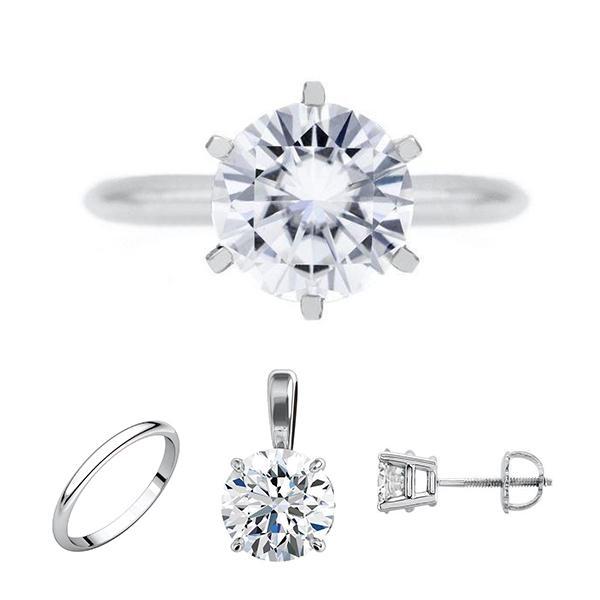 FAB Round Moissanite 6 Prong Ring Complete Platinum Solitaire Wedding Set-F&B Wedding Set Collection-Fire & Brilliance ®
