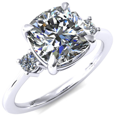 Poppy 8mm Cushion Moissanite 4 Claw Prong 2 Rail Basket Round Sidestones Inverted Cathedral Platinum Engagement Ring