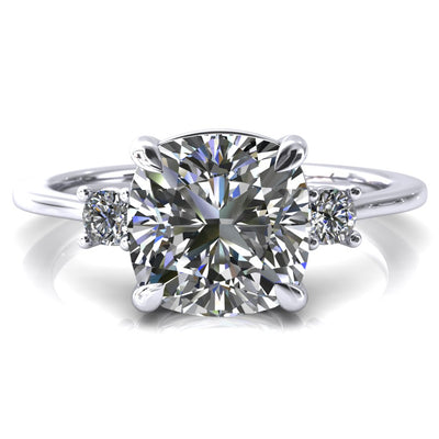 Poppy 8mm Cushion Moissanite 4 Claw Prong 2 Rail Basket Round Sidestones Inverted Cathedral Platinum Engagement Ring