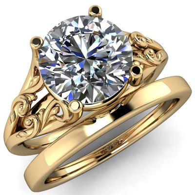 Faith Round Moissanite Split Shank Floral Sides Ring-Custom-Made Jewelry-Fire & Brilliance ®