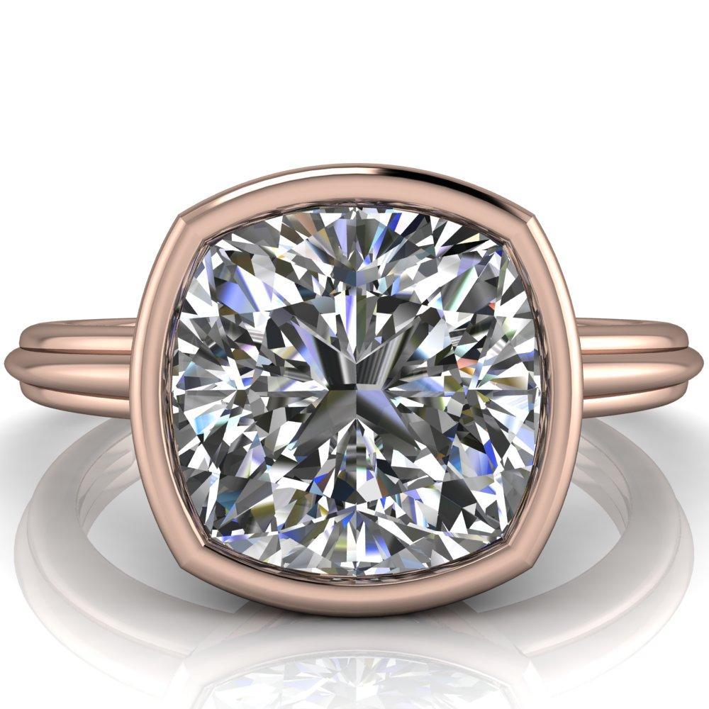 Fenestra Cushion Moissanite Bezel Half-Round Edge Shank Engagement Ring-Custom-Made Jewelry-Fire & Brilliance ®