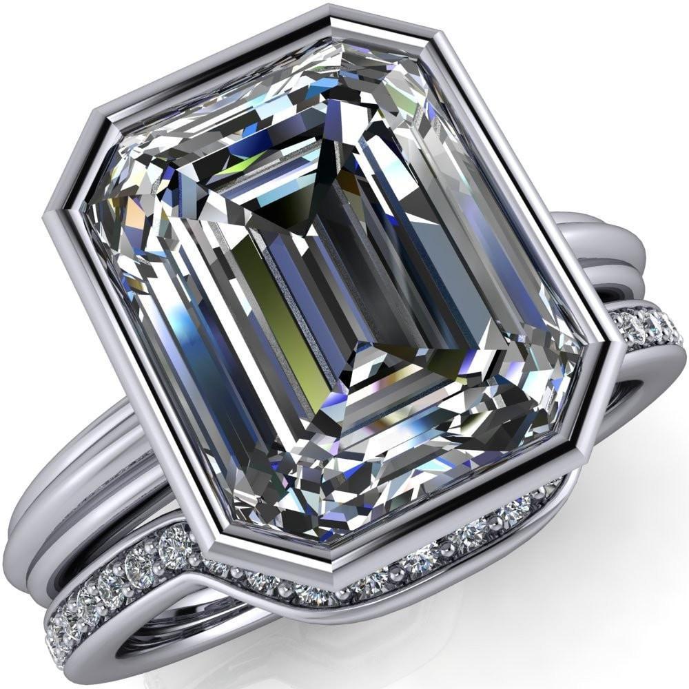 Fenestra Emerald Moissanite Bezel Half-Round Edge Shank Engagement Ring-Custom-Made Jewelry-Fire & Brilliance ®