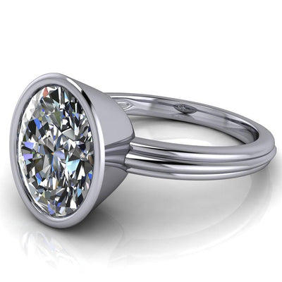 Fenestra Oval Moissanite Bezel Half-Round Edge Shank Engagement Ring-Custom-Made Jewelry-Fire & Brilliance ®