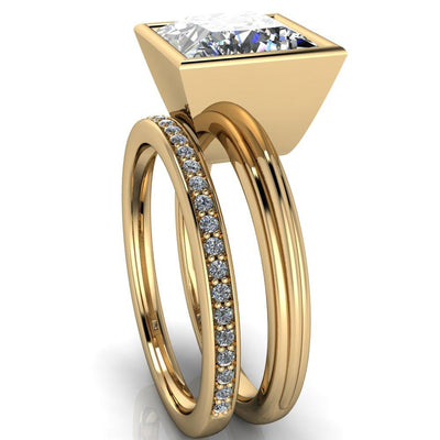 Fenestra Princess/Square Moissanite Bezel Half-Round Edge Shank Engagement Ring-Custom-Made Jewelry-Fire & Brilliance ®