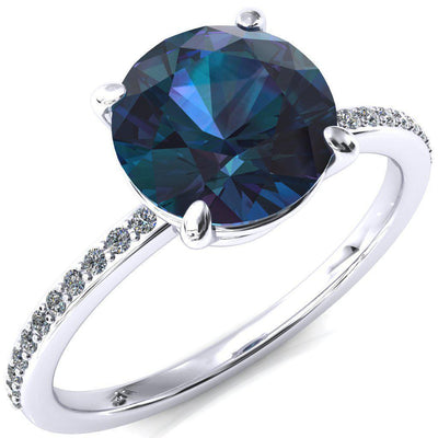 Flora Round Alexandrite 4 Prong 1/2 Bead Eternity Diamond Accent Engagement Ring-FIRE & BRILLIANCE