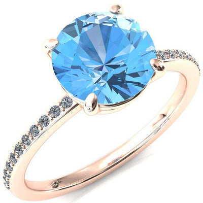 Flora Round Aqua Blue Spinel 4 Prong 1/2 Bead Eternity Diamond Accent Engagement Ring-FIRE & BRILLIANCE