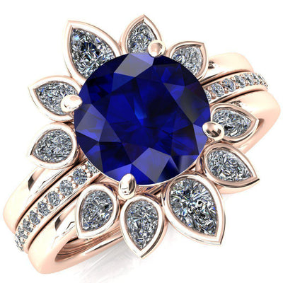 Flora Round Blue Sapphire 1/2 Eternity Accent Diamond Ring-Custom-Made Jewelry-Fire & Brilliance ®