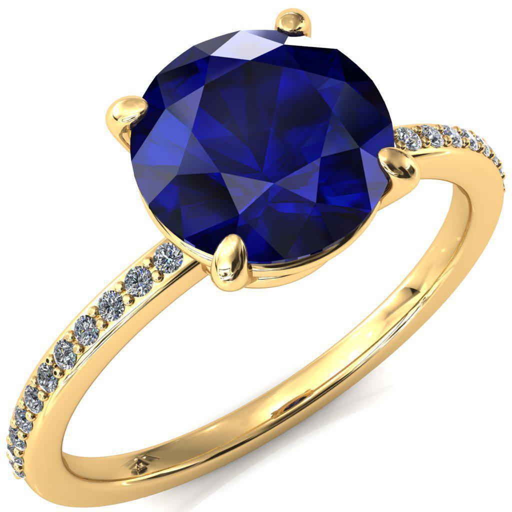 Flora Round Blue Sapphire 4 Prong 1/2 Bead Eternity Diamond Accent Engagement Ring-FIRE & BRILLIANCE