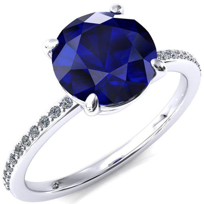 Flora Round Blue Sapphire 4 Prong 1/2 Bead Eternity Diamond Accent Engagement Ring-FIRE & BRILLIANCE