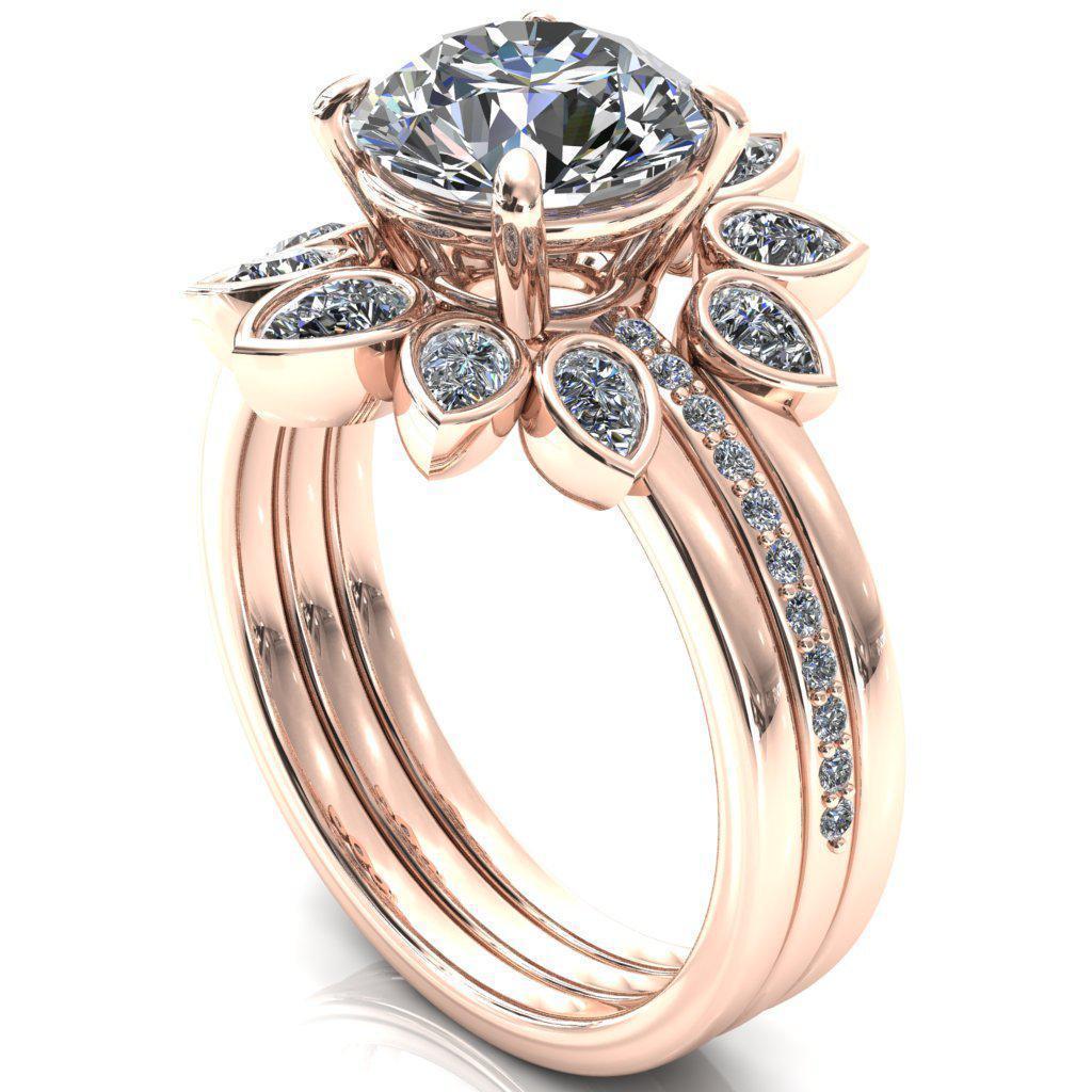 Flora Round Moissanite 4 Prong 1/2 Bead Eternity Diamond Accent Engagement Ring-FIRE & BRILLIANCE