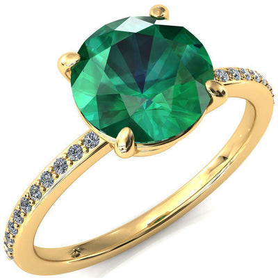 Flora Round Emerald 4 Prong 1/2 Bead Eternity Diamond Accent Engagement Ring-FIRE & BRILLIANCE
