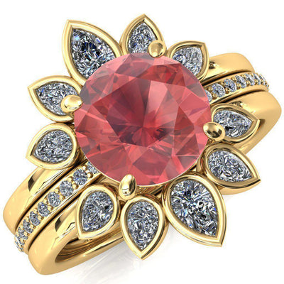 Flora Round Padparadscha Sapphire 1/2 Eternity Accent Diamond Ring-Custom-Made Jewelry-Fire & Brilliance ®