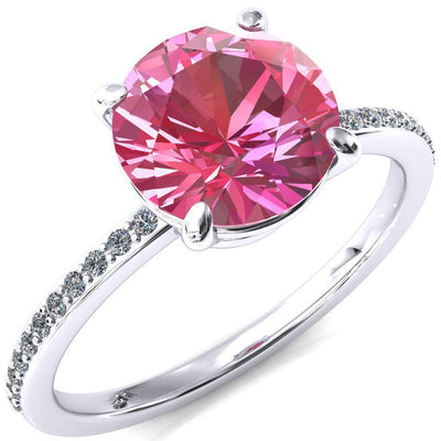 Flora Round Pink Sapphire 4 Prong 1/2 Bead Eternity Diamond Accent Engagement Ring-FIRE & BRILLIANCE