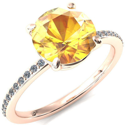 Flora Round Yellow Sapphire 4 Prong 1/2 Bead Eternity Diamond Accent Engagement Ring-FIRE & BRILLIANCE