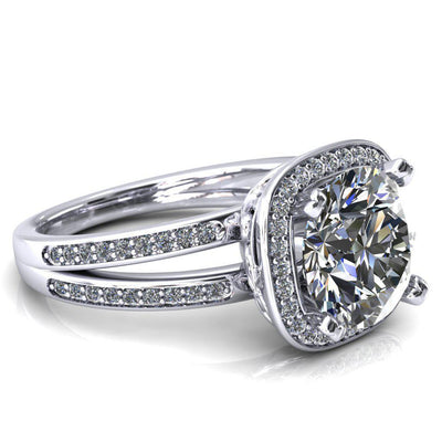 Gardenia Round Moissanite Split Shank Diamond Channel Ring-Custom-Made Jewelry-Fire & Brilliance ®