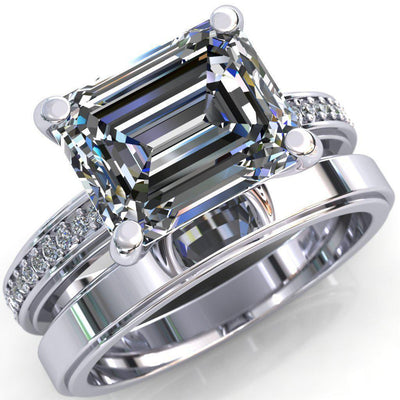 Gia Emerald Moissanite Diamond Channel Comfort Band 4 Prong Ring-Custom-Made Jewelry-Fire & Brilliance ®