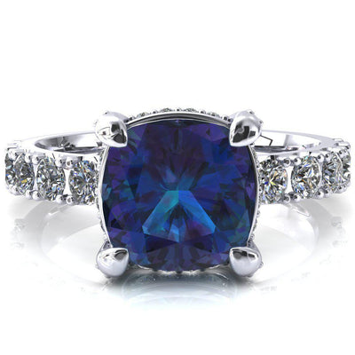 Grandeur Cushion Alexandrite 4 Prong Basket and Half Eternity Fire Ring-FIRE & BRILLIANCE