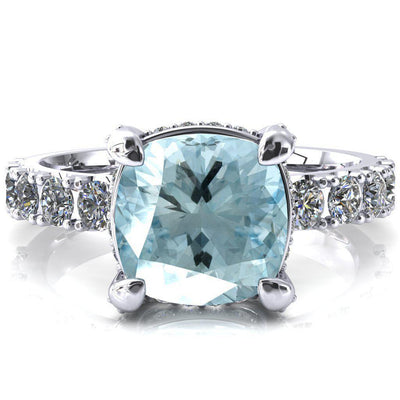 Grandeur Cushion Aqua Blue Spinel 4 Prong Basket and Half Eternity Fire Ring-FIRE & BRILLIANCE