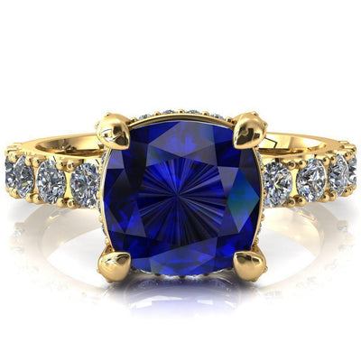 Grandeur Cushion Blue Sapphire 4 Prong Basket and Half Eternity Fire Ring-FIRE & BRILLIANCE